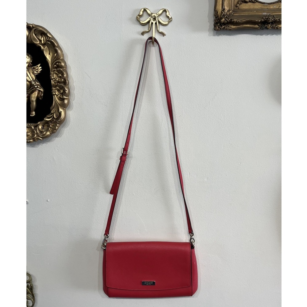Kate Spade New York Red Crossbody Bag Leather Silver Chain Flap‎ Shoulder Purse